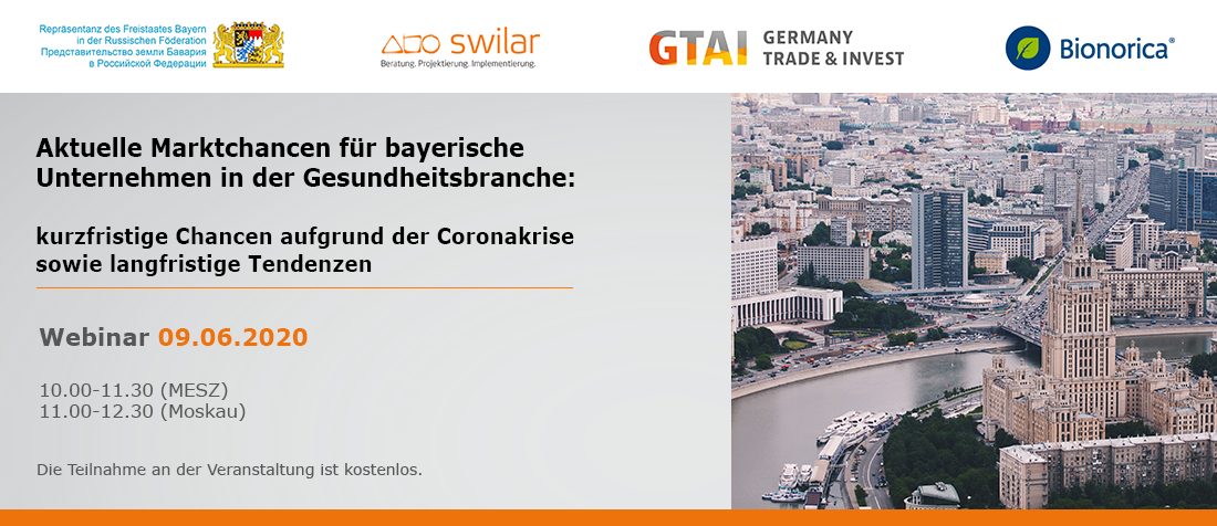 Onlineseminar am 09.06.2020: "Aktuelle Marktchancen für bayerische Unternehmen in der Gesundheitsbranche:  kurzfristige Chancen aufgrund der Coronakrise sowie langfristige Tendenzen"